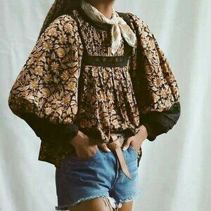 Anthropologie Cleobella Rafia Lace Harley Black Ballon Sleeve Peasant Blouse XS